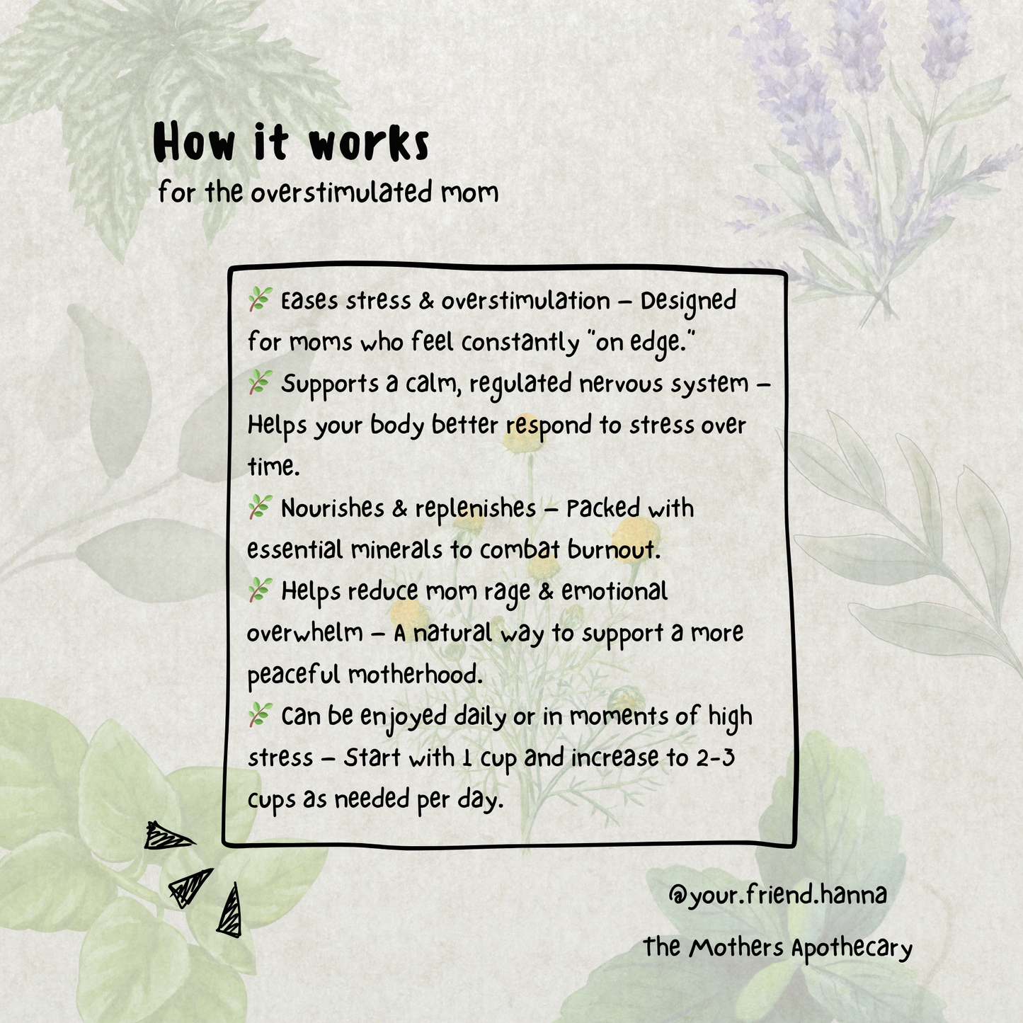 teaching how the tea blend for mommy burnout works by easing stress and nourishing the body and supporting hormones