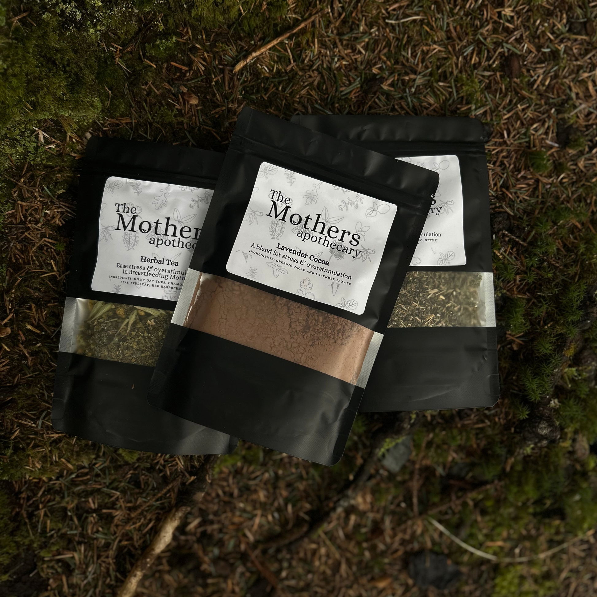 A pouch of organic lavender cocoa blend displayed with a warm mug, designed for deep relaxation and mood support.