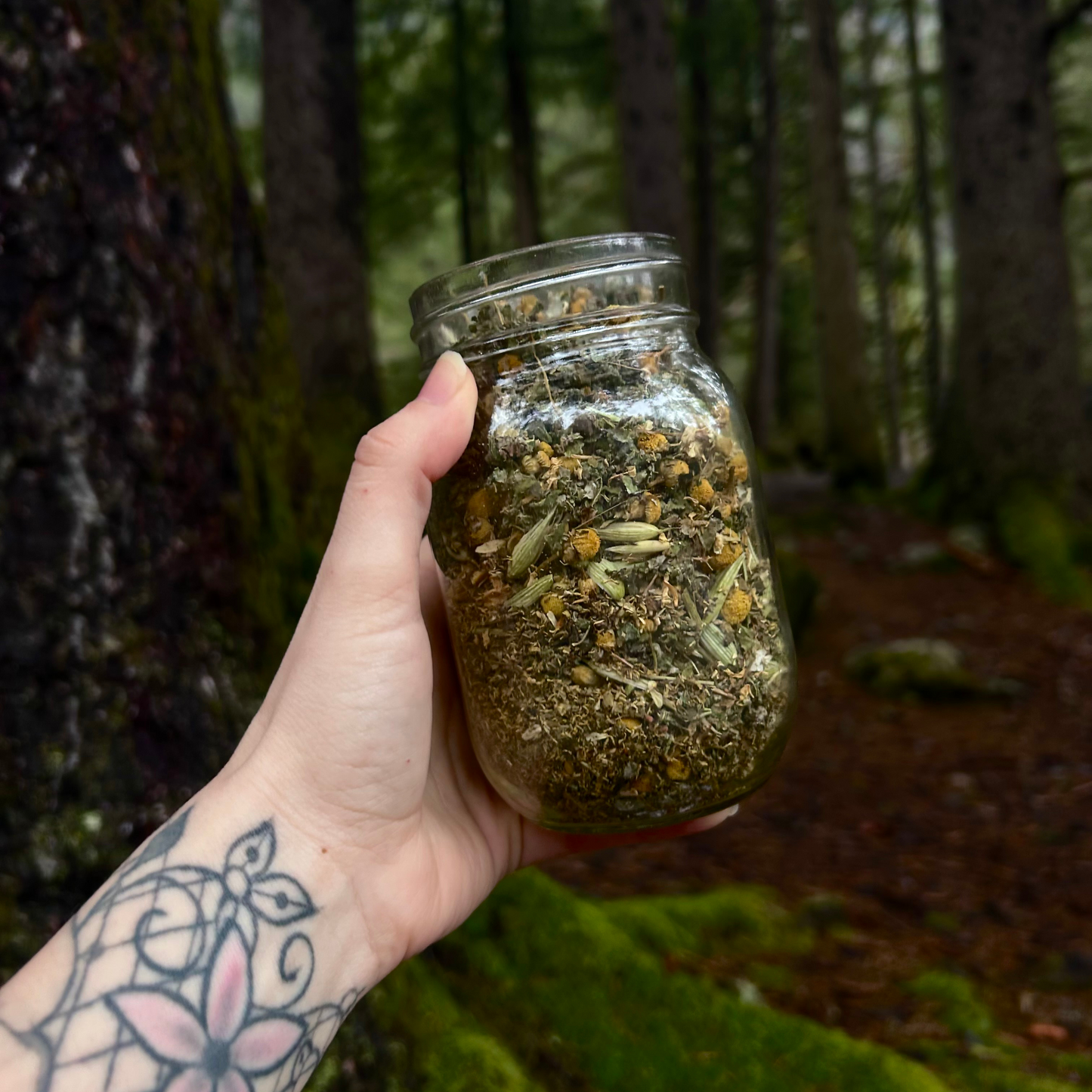 Tea blend for stress and overstimulation and pregnancy aggression in a jar in the woods