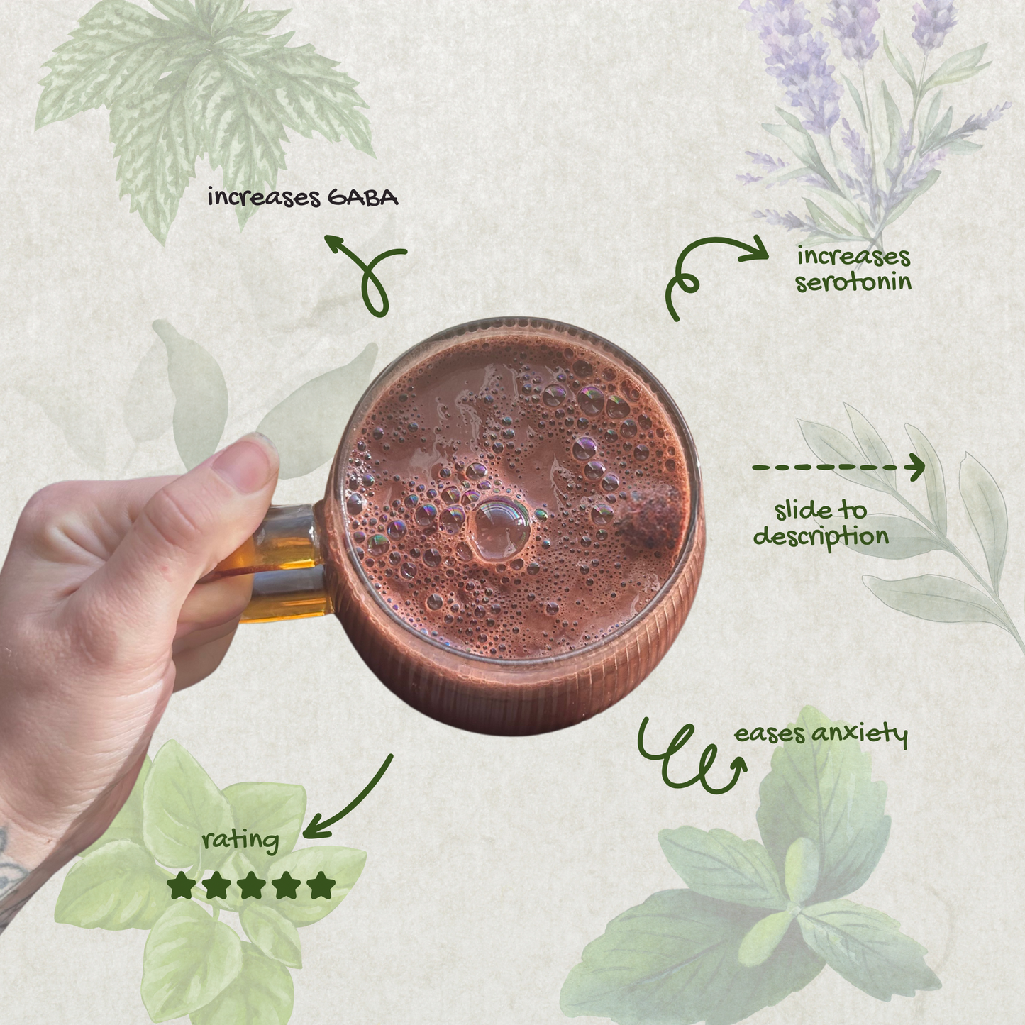 a cup of lavender hot cocoa brewed and its benefits: increases GABA, increases serotonin, eases anxiety, tastes amazing